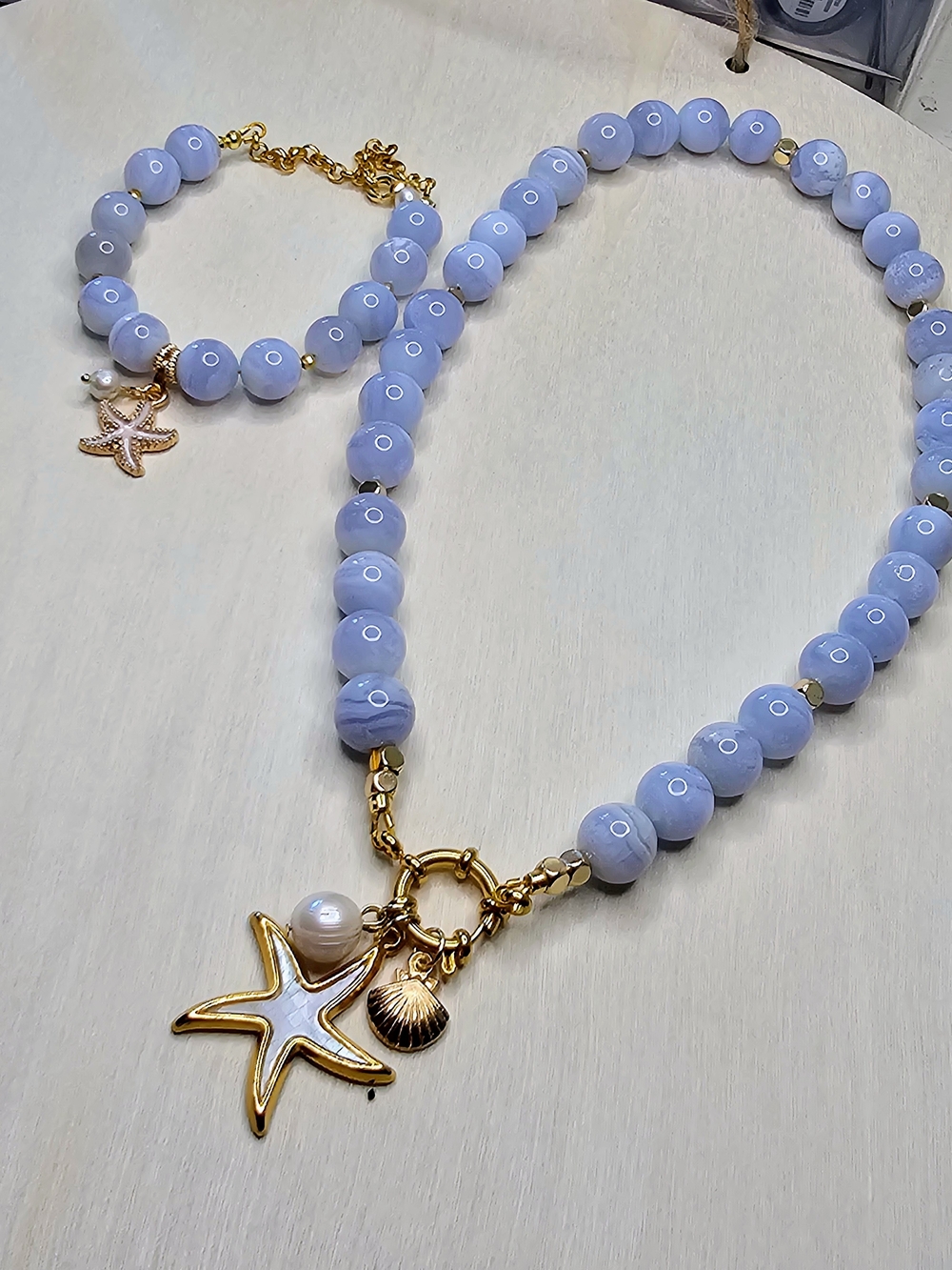 NEW Gold-Accented Blue Lace AGATE Necklace & BRACELET with Starfish Charm